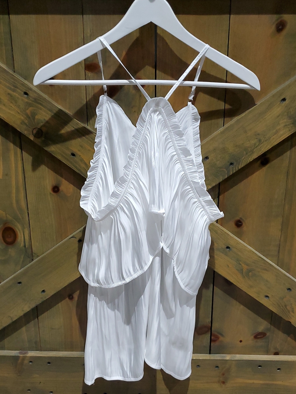 Women's White Pleated Satin Cami  Top Adjustable Straps Light Shimmer Flowy Fun